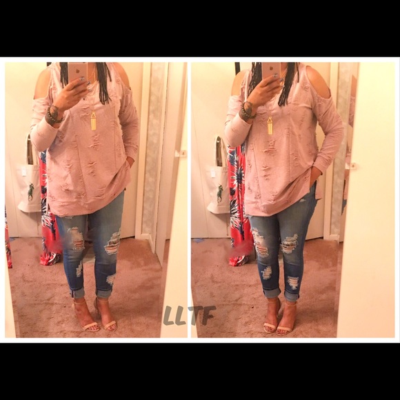 1SMALL ONLY Distressed Cold Shoulder- RED BEAN - Picture 4 of 6